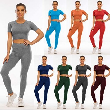 TOPSRANI Womens 2 Piece Outfits Sexy Crop Gym Yoga Workout Leggings Bodycon Tracksuit Sweatsuits Athletic Pants Set