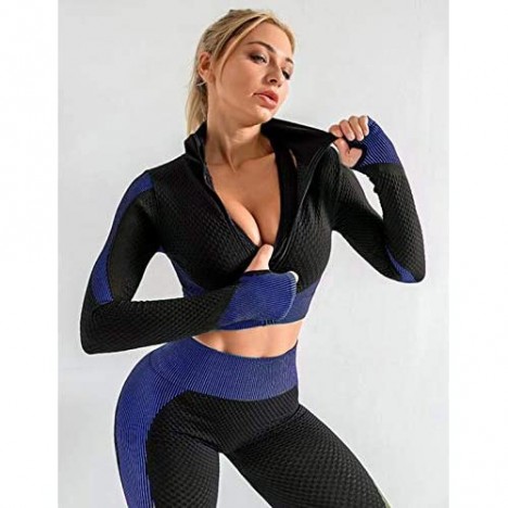 Uaneo Womens 2 Piece Workout Sets Long Sleeve Crop Top and High Waist Leggings