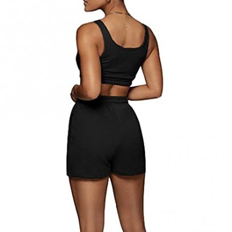 Women 2 Piece Outfits Tracksuit Set - Sleeveless Double Layer Crop Tank Top + High Waist Shorts Jogger Set