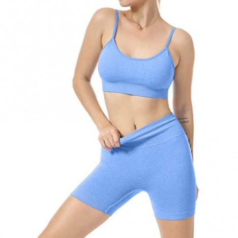 Women Seamless Yoga Set 2 Piece Workout Sport Bra with High Waist Shorts Legging Outfit Tracksuit.JNINTH