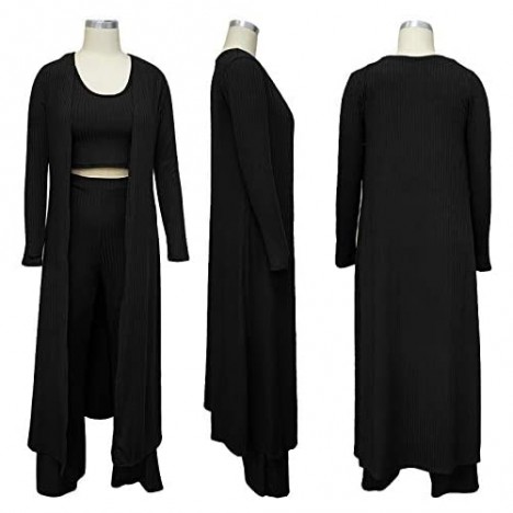 Women Sexy 3 Piece Outfits - Crop Top Long Kimono Cardigan Cover up and Bodycon Pants Set S XXL