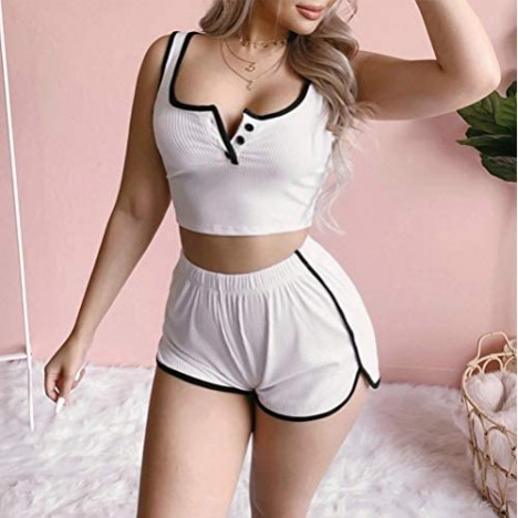 Women's 2 Piece Athletic Outfits Summer Sexy Tank Crop Tops Shorts Sets Tracksuits Clubwear