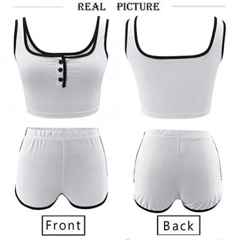 Women's 2 Piece Athletic Outfits Summer Sexy Tank Crop Tops Shorts Sets Tracksuits Clubwear