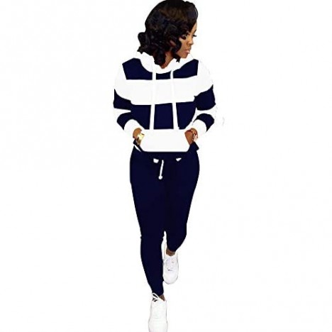 Women's 2 Piece Outfits Plus Size Stripe Long Sleeve Hoodie & Skinny Pants Tracksuits Bodycon Sweatsuit