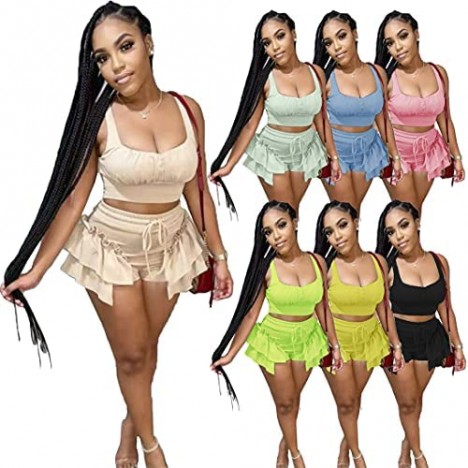 Womens 2 Piece Outfits Set Cami Crop Tops Cute Ruffle Shorts Tracksuit Sexy Clubwear