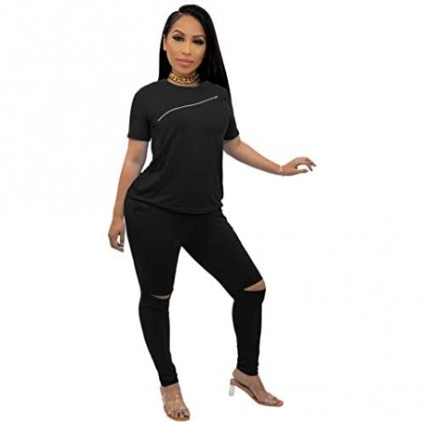 Women's 2 Piece Outfits Short Sleeve T-Shirts Joggers Sets Sexy Club Jumpsuit Tracksuit