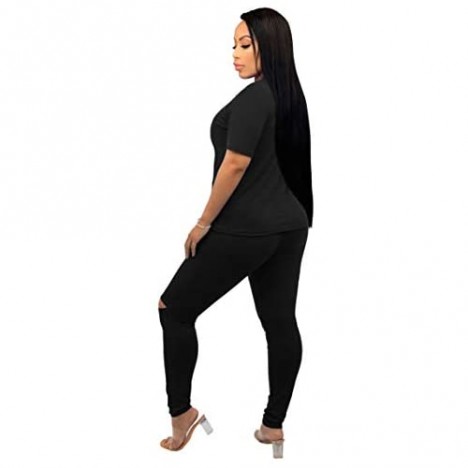 Women's 2 Piece Outfits Short Sleeve T-Shirts Joggers Sets Sexy Club Jumpsuit Tracksuit