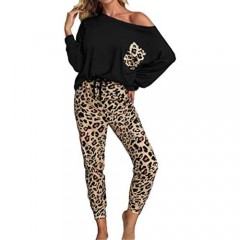 Women's Leopard Printed 2 Piece Long Sleeve Off Shoulder Pullover and Long Drawstring Pants Sweatsuit Tracksuit