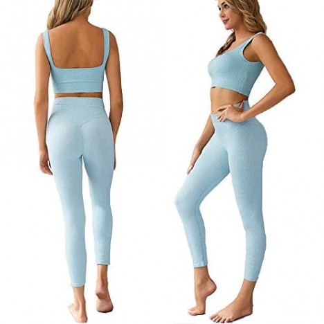 Women's Workout Sets 2 Piece Outfits high waist Leggings with Stretch Sports Bra Gym Athletic stripe Clothes Set.