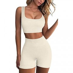 Workout Sets for Women 2 Piece Gym Outfits Seamless Ribbed Crop Tank High Waist Shorts Yoga Outfits