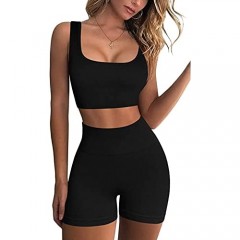Workout Sets for Women 2 Piece High Waist Shorts Seamless Ribbed Crop Tank Set Yoga Outfits