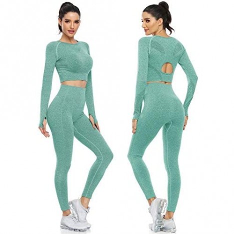Workout Sets for Women 2 Piece Yoga Outfits Seamless Long Sleeve Tops with High Waisted Leggings for Exercise & Fitness Gyms