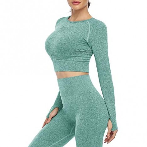 Workout Sets for Women 2 Piece Yoga Outfits Seamless Long Sleeve Tops with High Waisted Leggings for Exercise & Fitness Gyms