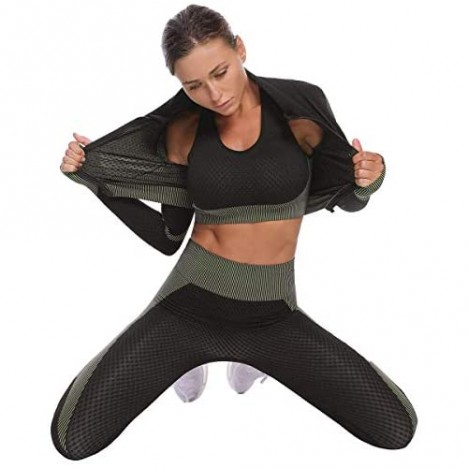Workout Sets for Women Yoga Pants Set Long Sleeve Tracksuit Thumb Hole Front Zipper Crop Activewear Tops