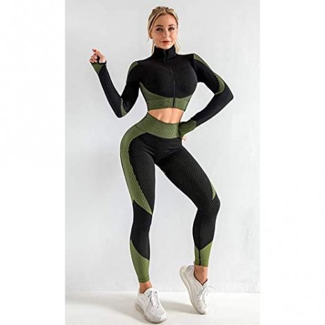 Workout Sets for Women Yoga Pants Set Long Sleeve Tracksuit Thumb Hole Front Zipper Crop Activewear Tops
