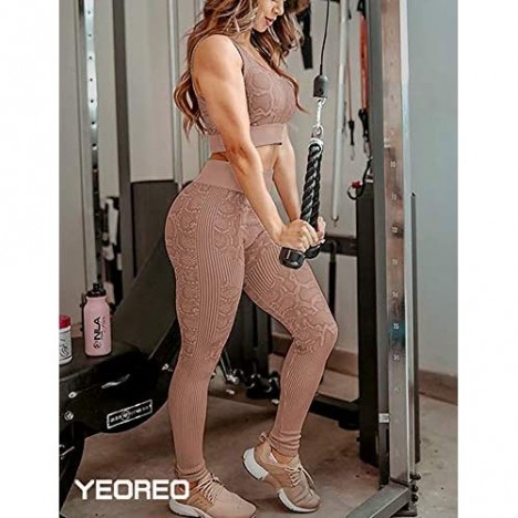 YEOREO Yoga Outfit for Women Seamless 2 Piece Workout Gym High Waist Snake Print Leggings with Sport Bra Set