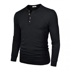 Derminpro Men's Henley Shirts Casual Slim Fit Cotton Shirts Long Sleeve Black X-Large