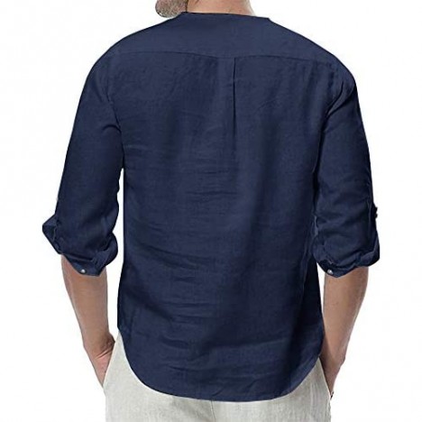 Enjoybuy Mens 3/4 Sleeve Henley Shirt Casual Linen Cotton Summer Loose Fit Beach Shirts