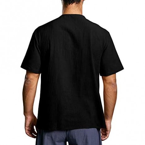Enjoybuy Mens Long Sleeve Henley Shirts Lace Up V Neck Shirts Summer Casual Loose Fit Cotton Beach Shirts