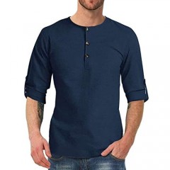 Esobo Mens Long Sleeve Henley Shirts Cotton Loose Tops Roll Up Shirts for Men Button Down Tees
