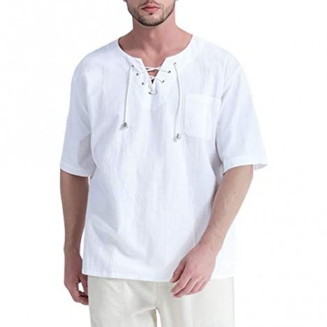Fashonal Mens Hippie Linen Shirts Short Sleeve Medieval Renaissance Lace up Yoga Beach Shirt for Men White X-Large