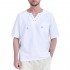 Fashonal Mens Hippie Linen Shirts Short Sleeve Medieval Renaissance Lace up Yoga Beach Shirt for Men  White  X-Large