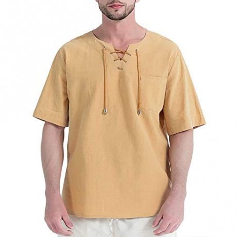 Fashonal Mens Linen Shirt Casual Cotton Short Sleeve T Shirts Summer Tunic Tops for Men Khaki XX-Large