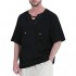 Fashonal Mens Linen Shirt Casual Cotton Short Sleeve T Shirts Summer Tunic Tops for Men  Black  XX-Large