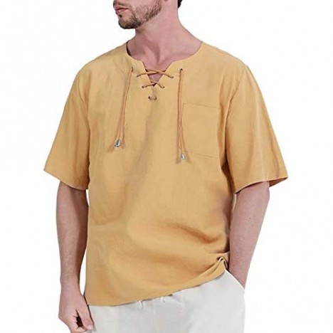 Fashonal Mens Linen Shirt Casual Cotton Short Sleeve T Shirts Summer Tunic Tops for Men Khaki XX-Large