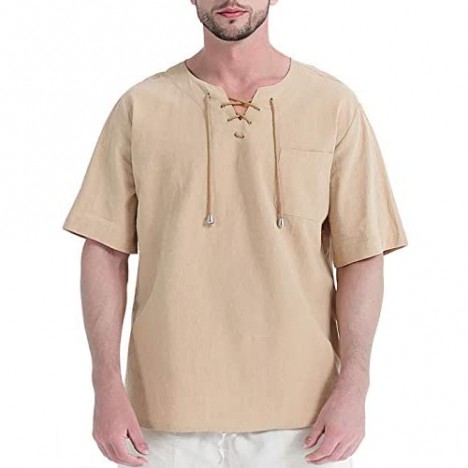 Fashonal Mens Linen Shirt Renaissance Casual Cotton Short Sleeve T Shirts Summer Tunic Tops for Men Light Khaki Medium