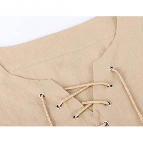 Fashonal Mens Linen Shirt Renaissance Casual Cotton Short Sleeve T Shirts Summer Tunic Tops for Men Light Khaki Medium