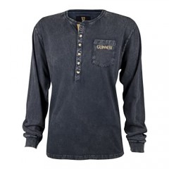 Guinness Classic Washed Black Henley Shirt - Cotton Fashion Long Sleeve Button T-Shirt