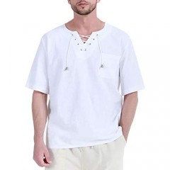 Hippie Shirts for Men Linen Tunic Beach Yoga Short Sleeve Tops  White  XX-Large