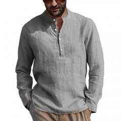 Karlywindow Mens Henley Shirt Long Sleeve Linen Cotton Casual Comfortable Beach T-Shirts