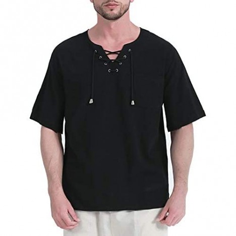 Mens Hippie Shirts Linen Cotton V Neck Yoga Summer Beach Tops Black Large