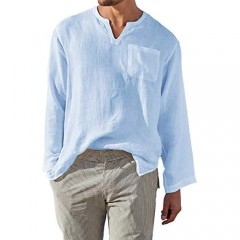 Men's Long Sleeve Linen Shirts V-Neck Loose Fit Casual Hippie Beach Tops with Pocket Sky Blue
