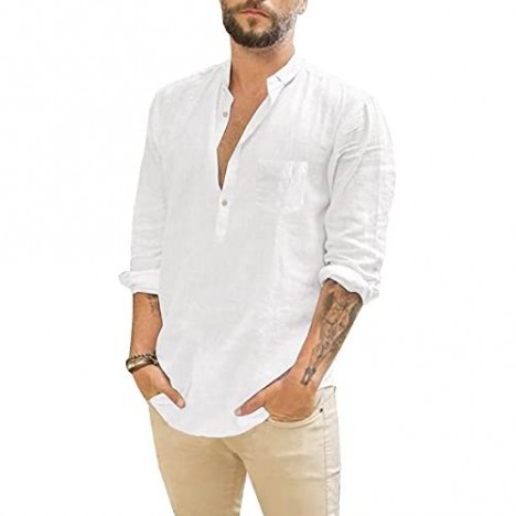 PASLTER Mens Casual Henley Shirt Long Sleeve Lapel Collar Lightweight Cotton Linen Tops with Pockets
