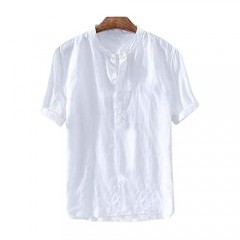 Pretifeel Mens Linen Henley Shirt Short Sleeve Beach Slim Fit Fashion Casual Tee Summer Lightweight Plain Blouse (XX-Large 02 White)