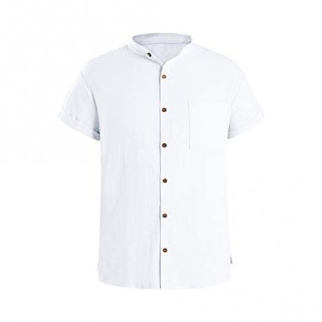 Angeun Mens Linen Shirt Casual Button Down Short Sleeve Workout Loose Fit Banded Collar Shirts with a Chest Pocket