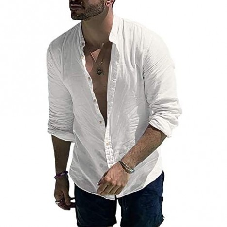 Makkrom Men's Linen Button Down Shirt Long Sleeve Casual Loose Hippie Beach Yoga T-Shirts Tops