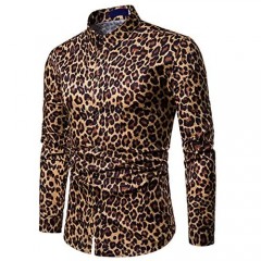 Mens Long Sleeve Top Blouse Leopard Python Pirnt Casual Button Down Dress Shirt