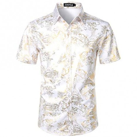 ZEROYAA Men's Luxury Paisley Shiny Printed Slim Fit Short Sleeve Button Up Dress Shirt