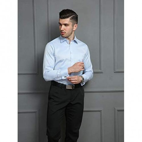 BINJUEMENS Mens French Cuff Regular Fit Long Sleeve Spread-Collar Dress Shirt with Cufflinks