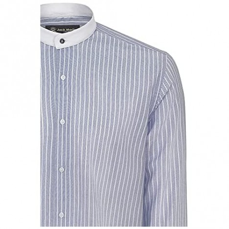 Jack Martin - Oxford Stripe Slim Fit Band Collar Shirt - Mens Smart Casual Work & 1920s Blinders Shirts