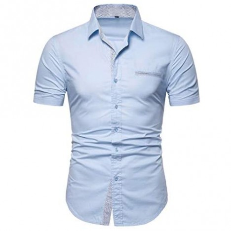 Manwan walk Mens Casual Button Down Shirts Short Sleeve Regular Fit Inner Contrast Dress Shirt
