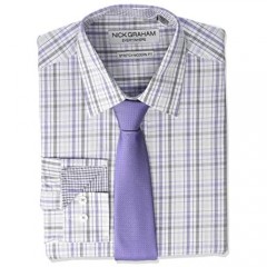 Nick Graham Men's Stretch Modern Fit Mini Plaid Dress Shirt and Solid Tie Set