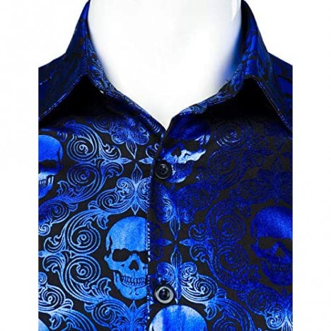 VATPAVE Mens Luxury Design Skull Dress Shirts Regular Fit Button Down Paisly Shirts Long Sleeve Prom Shirts