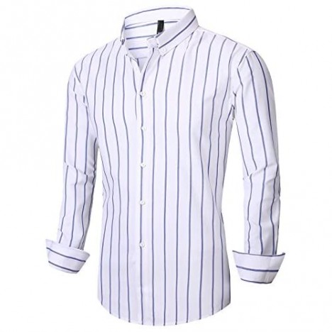 XTAPAN Men's Long Sleeve Casual Slim Fit Vertical Striped Button Down Dress Shirt
