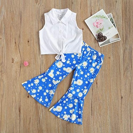2pcs Summer Outfit Toddler Girl Sleeveless Shirts Daisy Floral Bell Pants Clothes Set for Girls 2-7Y
