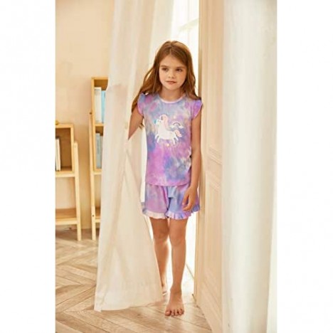Arshiner Kids Girls Pajama Sets Short Sleeve Ruffle Nightgown Unicorn Printed Pant Set